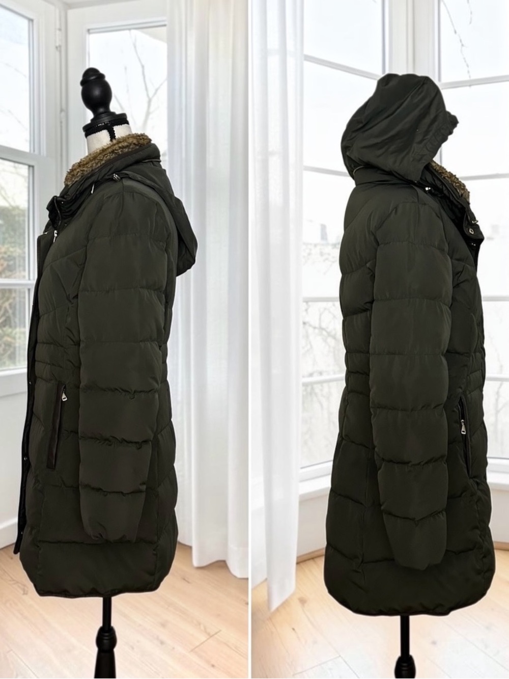 Cole Haan Signature Olive Green Down Puffer Hooded Jacket with Faux-Fur Medium - Picture 7 of 15
